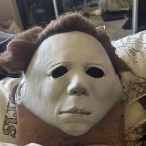 White Halloween Mask with Brown Hair